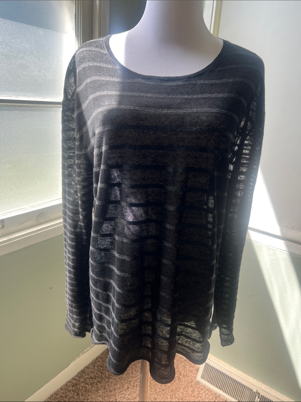 Brochu Walker cotton/linen/cashmere black/gray striped large long-sleeved shirt